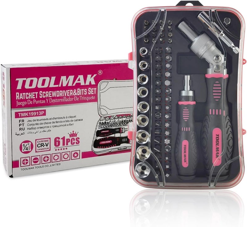 TOOLMAK Ratcheting Screwdriver Set 61pcs Socket Set & Screwdriver Bit Set with Rotatable Ratchet Handles ＆ Storage Case, Household Repair Tool Kits for Bike-Pink - Image 5